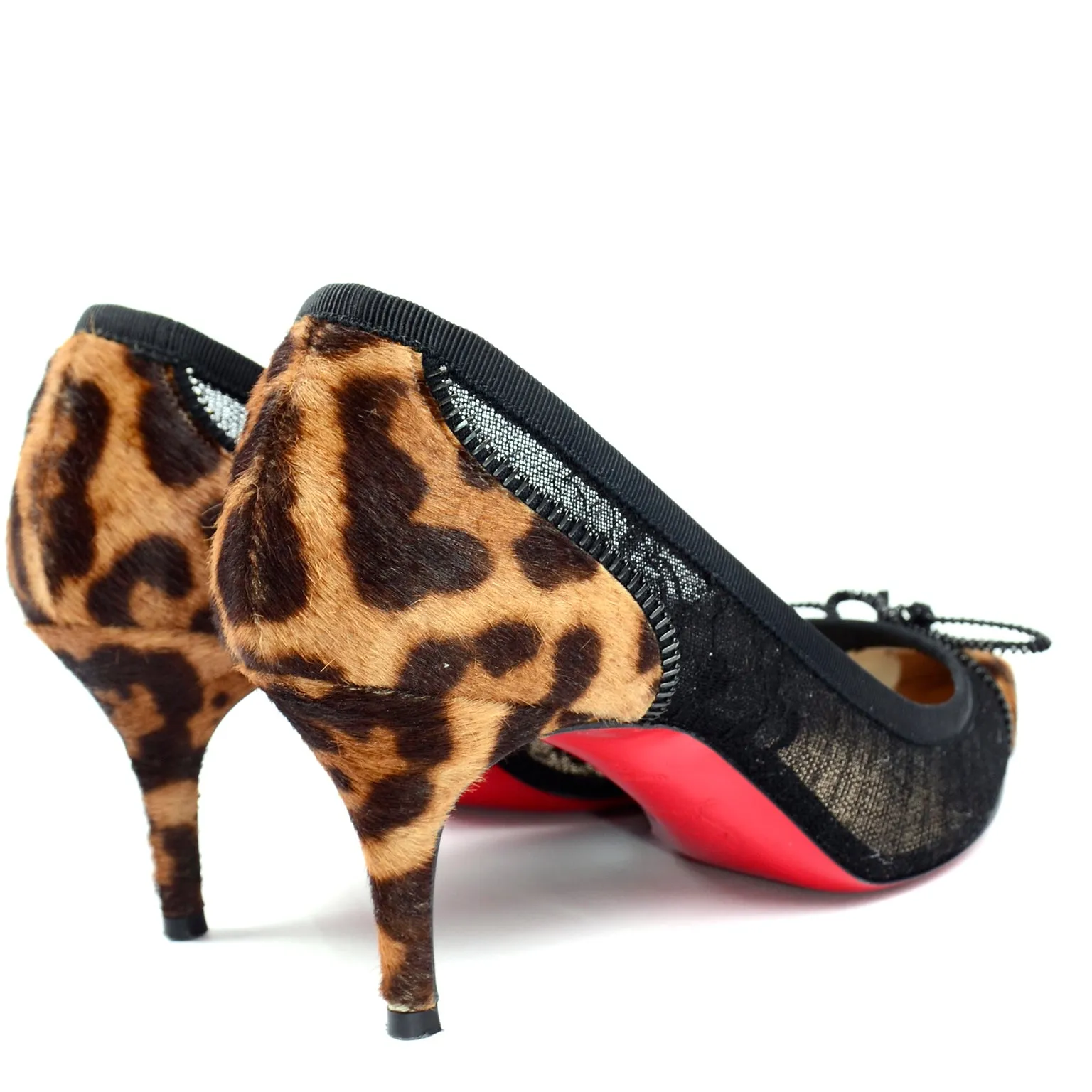 Christian Louboutin Souris 70 Pony Fur Mesh Zipper Bow Kitten Heel Shoes