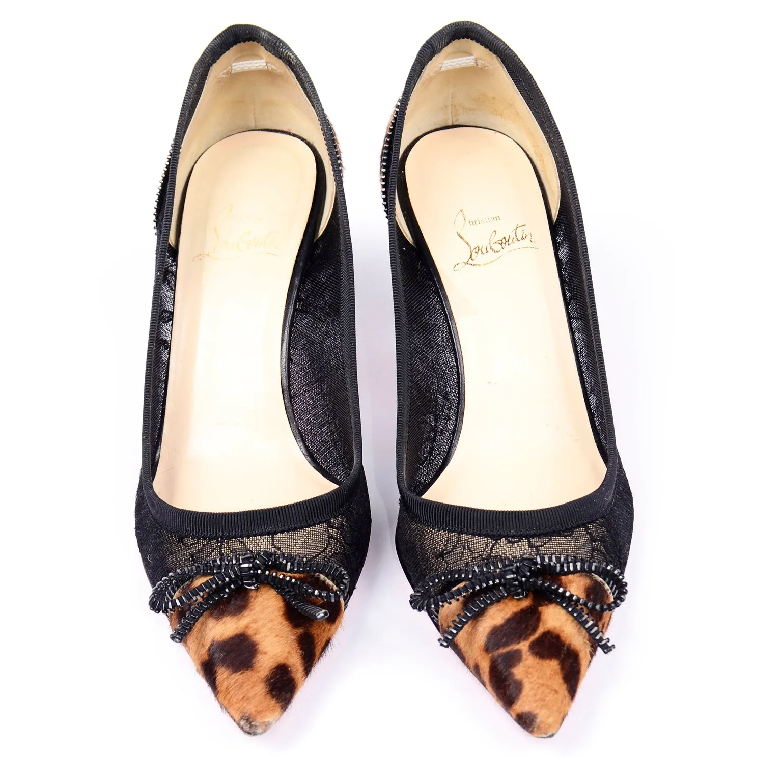 Christian Louboutin Souris 70 Pony Fur Mesh Zipper Bow Kitten Heel Shoes