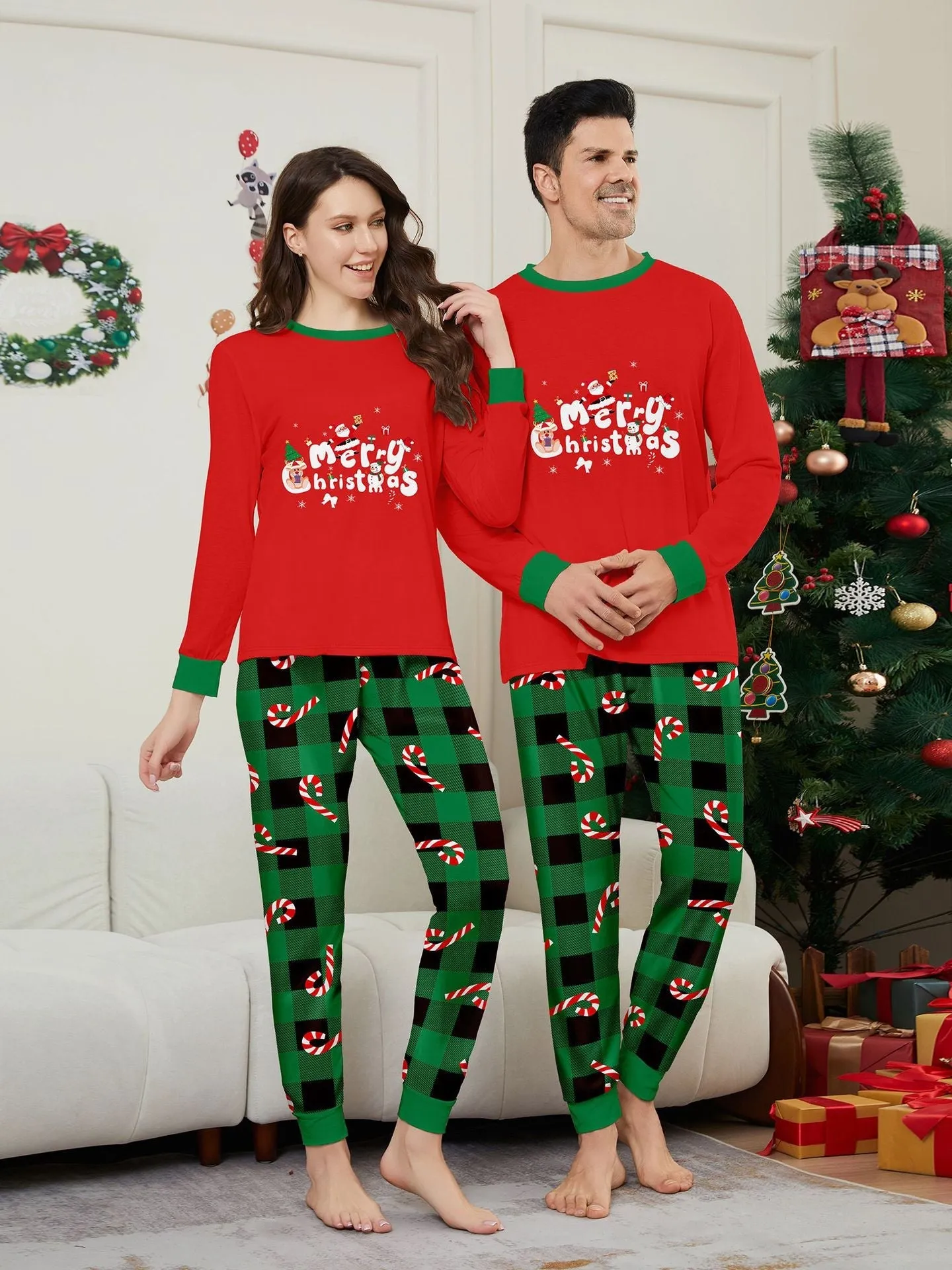 Christmas Cane Fawn Printed Family Matching Christmas Pajamas Sets