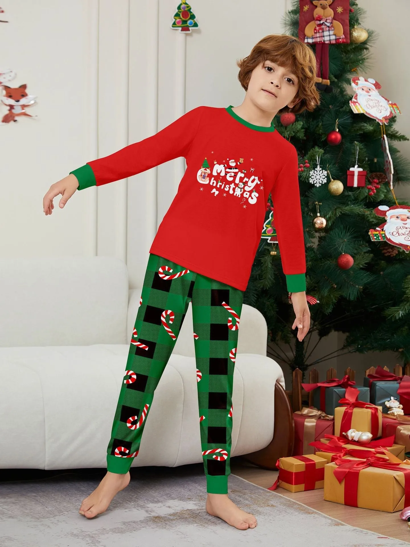 Christmas Cane Fawn Printed Family Matching Christmas Pajamas Sets