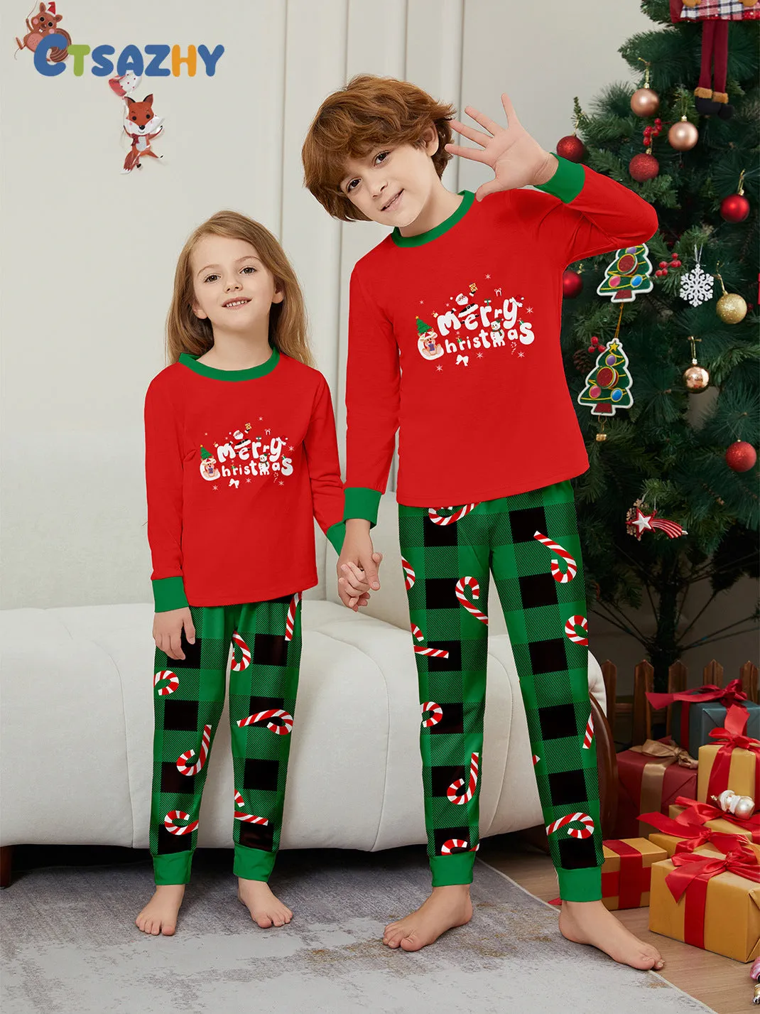 Christmas Cane Fawn Printed Family Matching Christmas Pajamas Sets