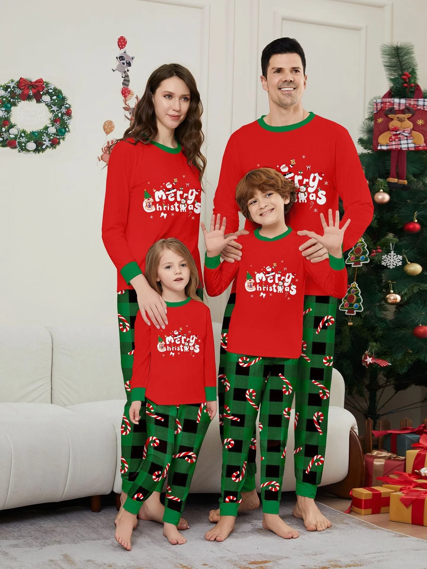 Christmas Cane Fawn Printed Family Matching Christmas Pajamas Sets