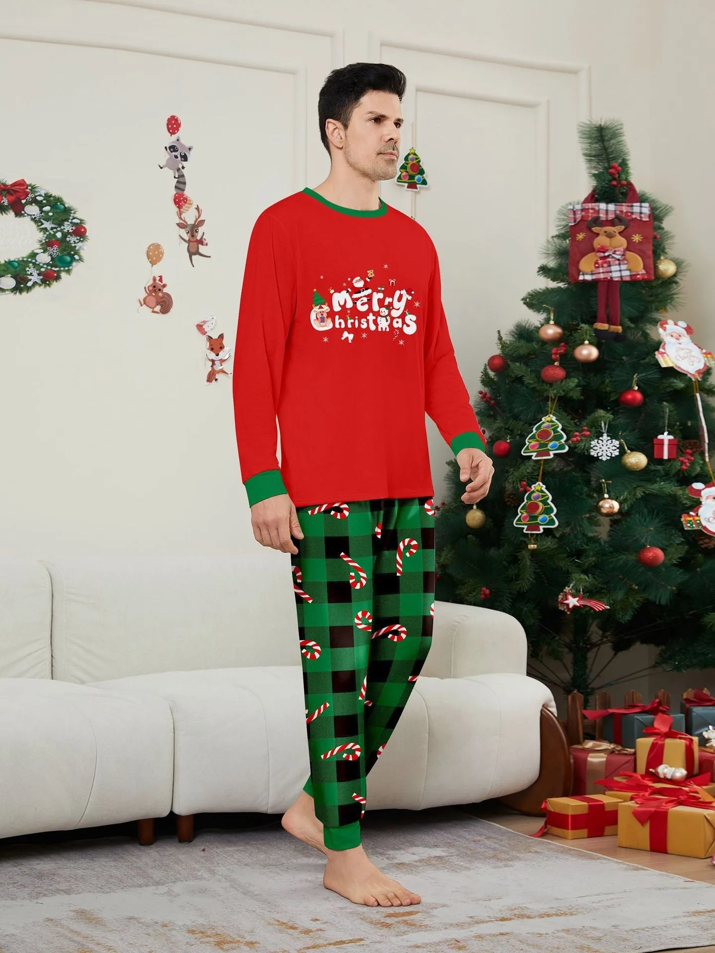 Christmas Cane Fawn Printed Family Matching Christmas Pajamas Sets