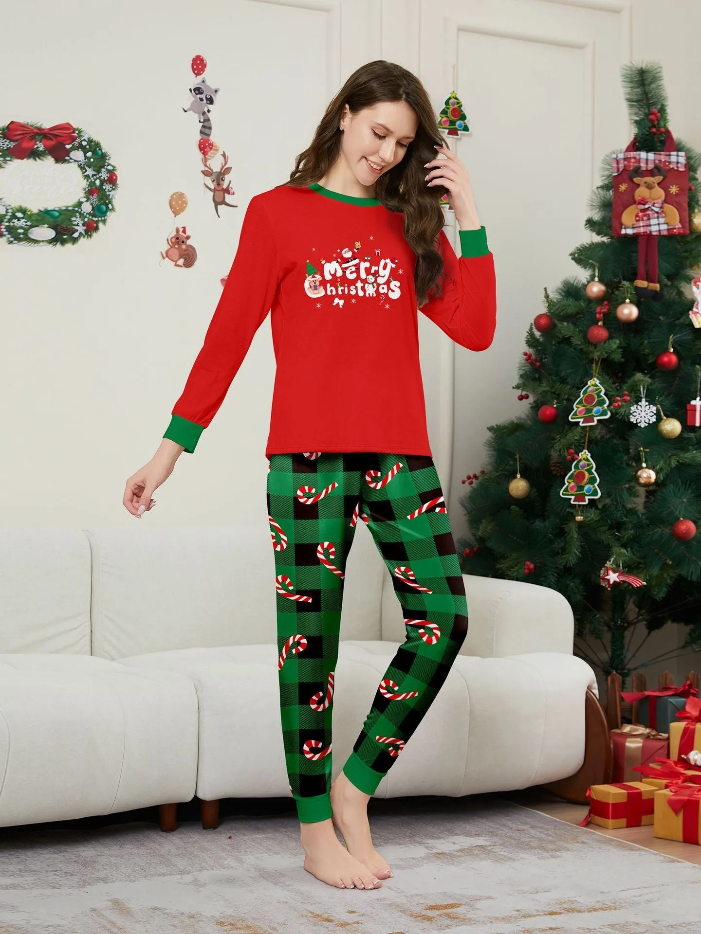 Christmas Cane Fawn Printed Family Matching Christmas Pajamas Sets