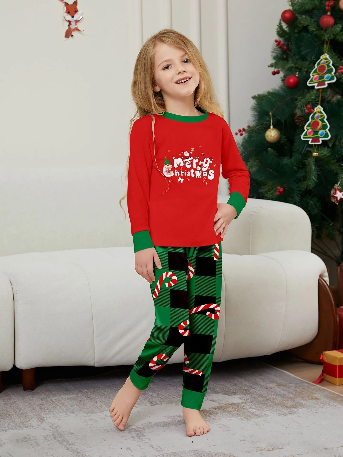 Christmas Cane Fawn Printed Family Matching Christmas Pajamas Sets