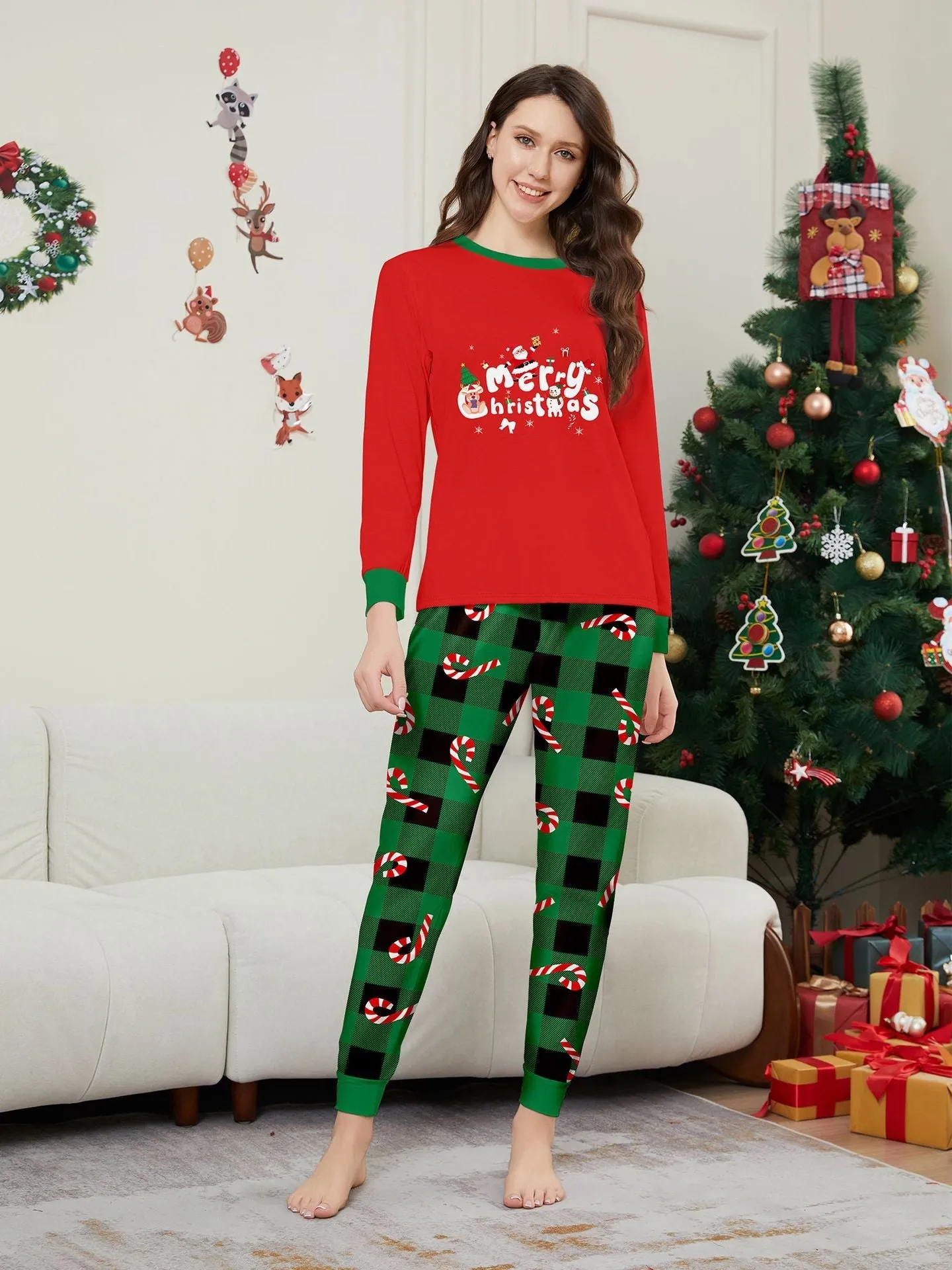 Christmas Cane Fawn Printed Family Matching Christmas Pajamas Sets