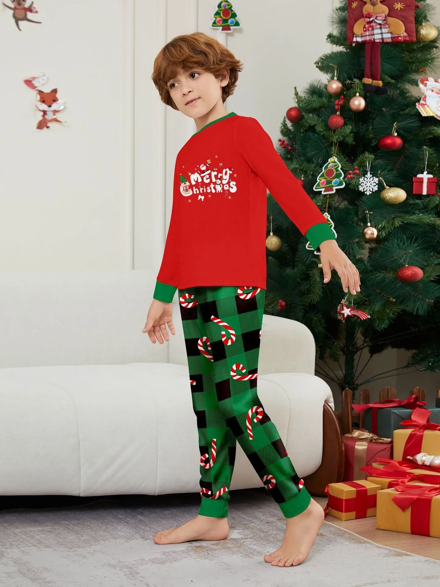 Christmas Cane Fawn Printed Family Matching Christmas Pajamas Sets