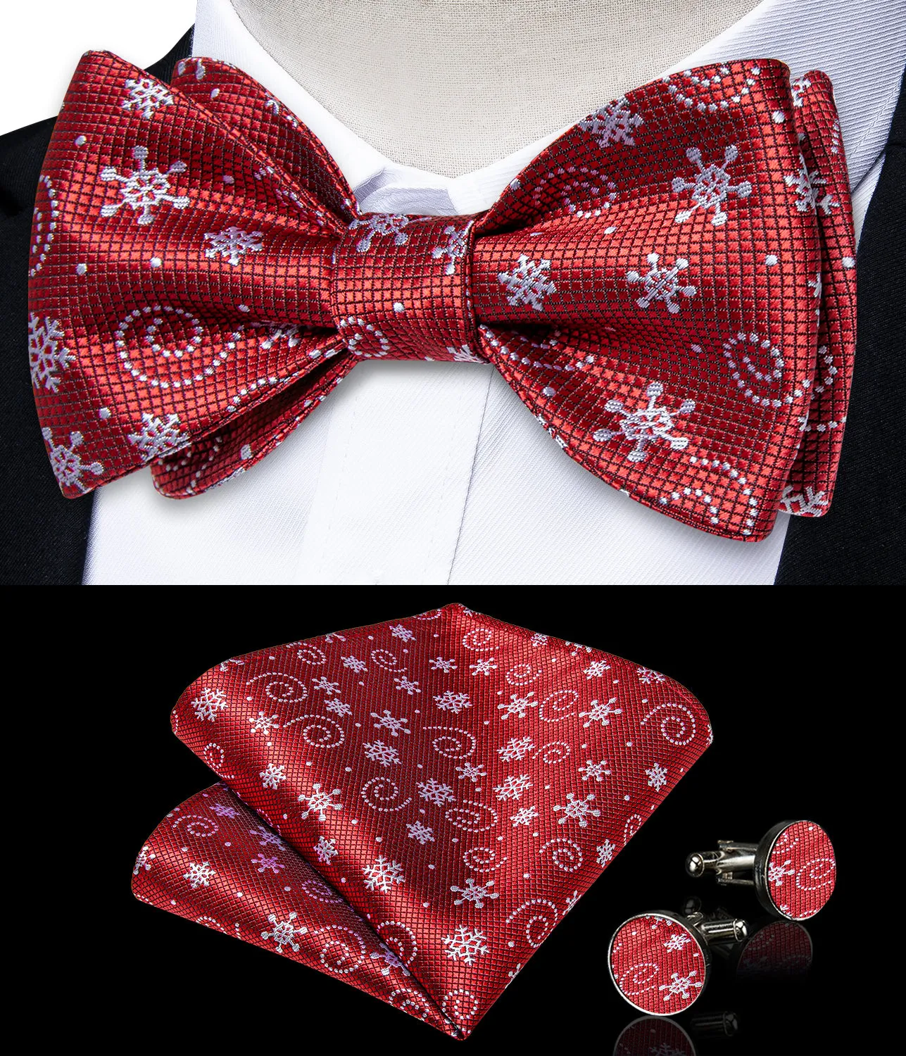 Christmas Snowflake Red Solid Self-Bowtie Pocket Square Cufflinks Set