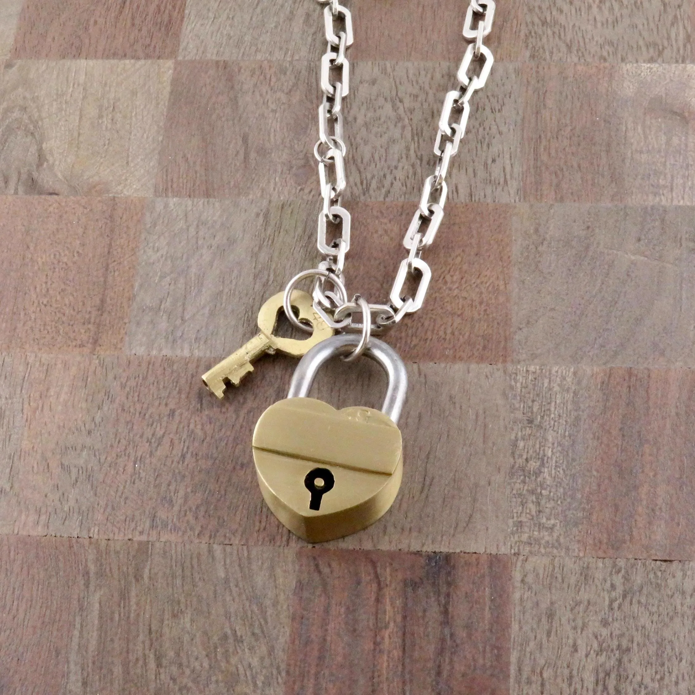 Chunky Brass Padlock   Key Necklace