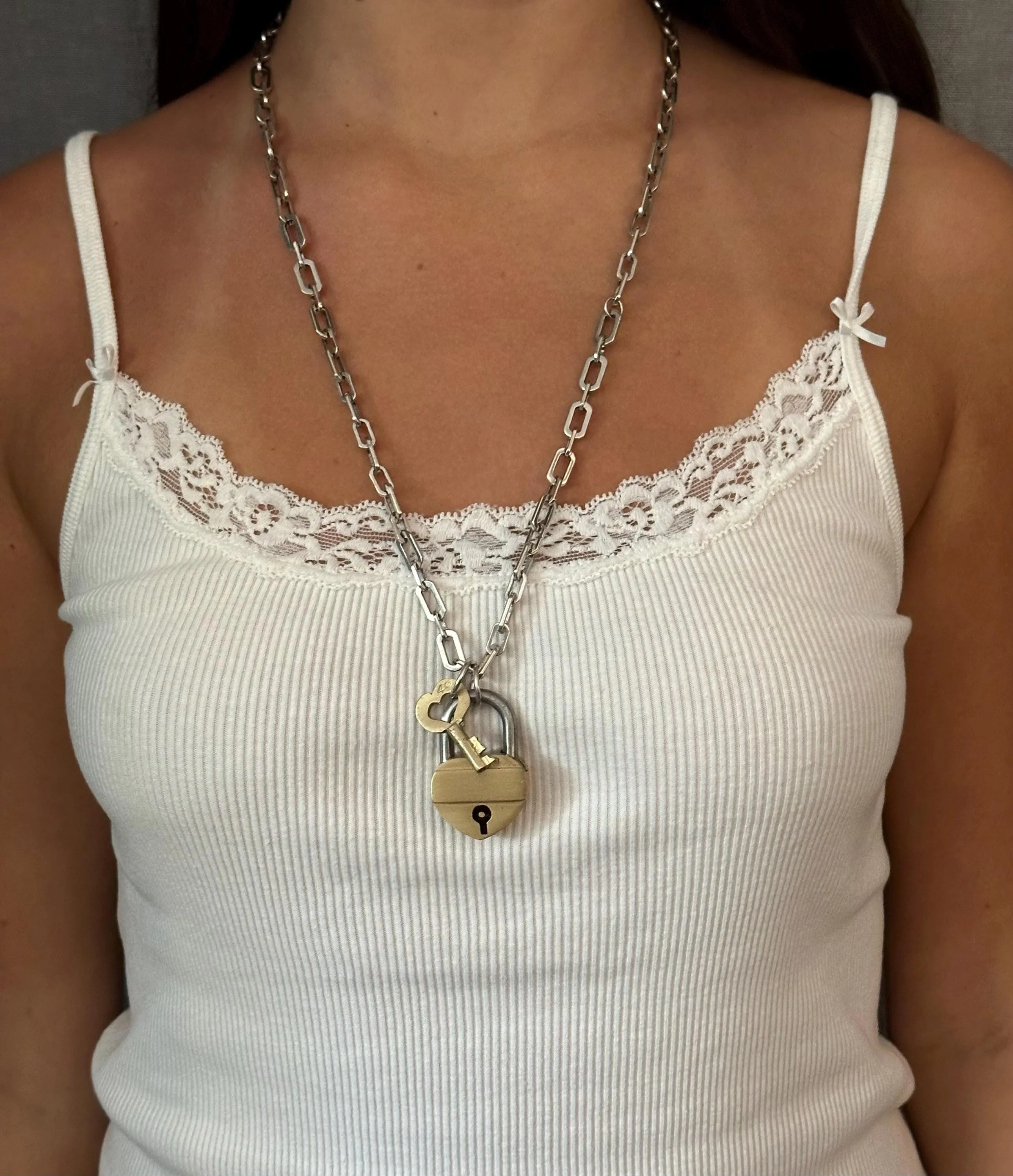 Chunky Brass Padlock   Key Necklace