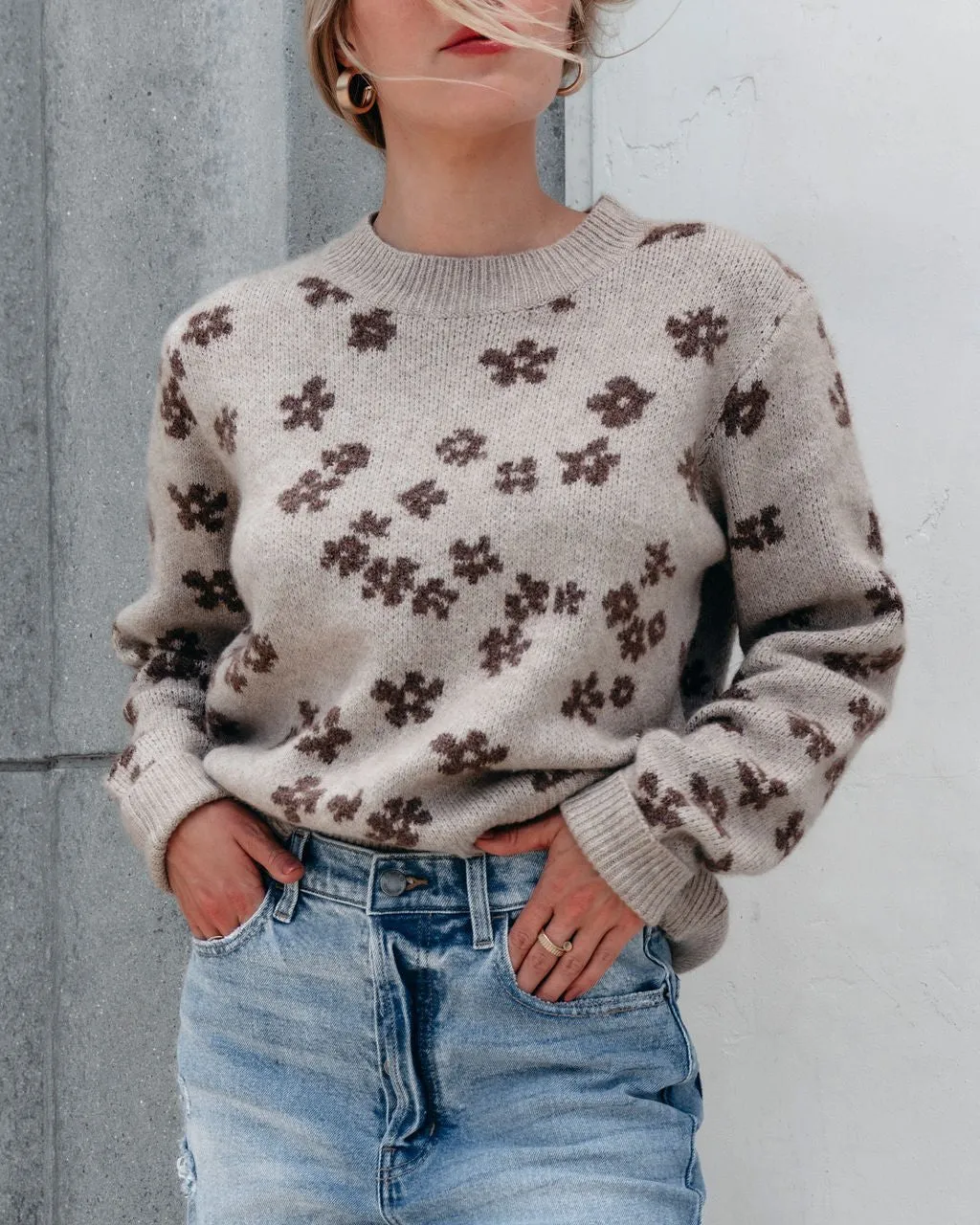 Chunky Daisy Print Sweater - Mocha