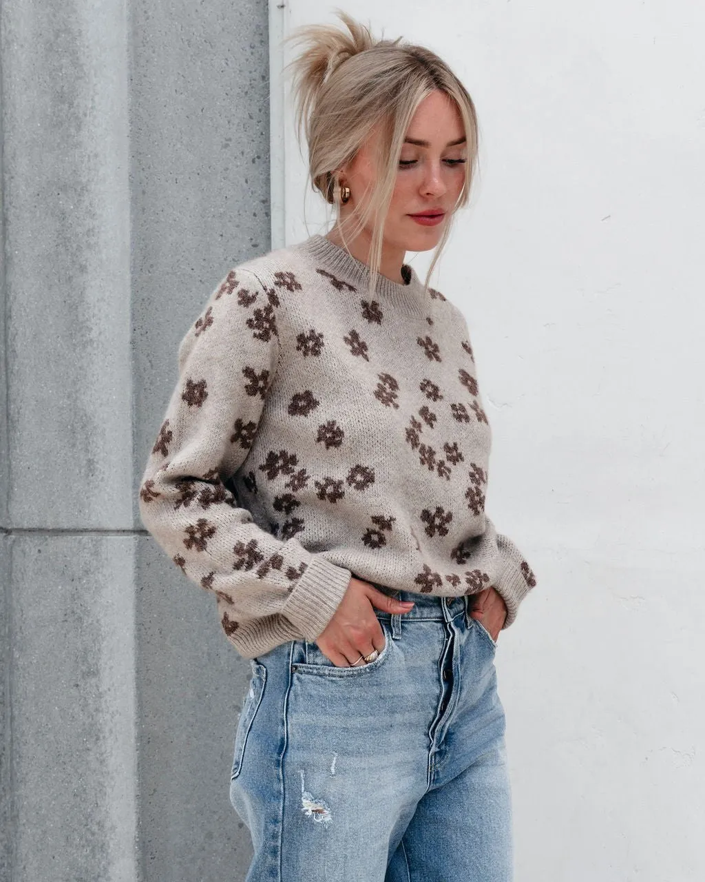 Chunky Daisy Print Sweater - Mocha