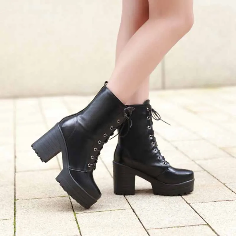 Chunky Heel Booties Round Toe Lace Up High Heel Ankle Boots