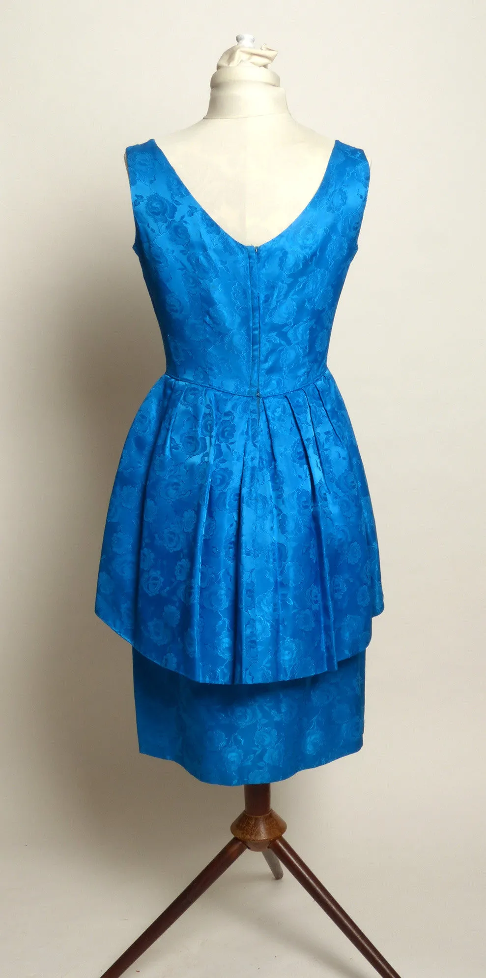 Circa 1950s Blue Floral Satin Peplum-Style Dress