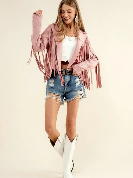 City Girl, Western Fringe Studded Suede Jacket