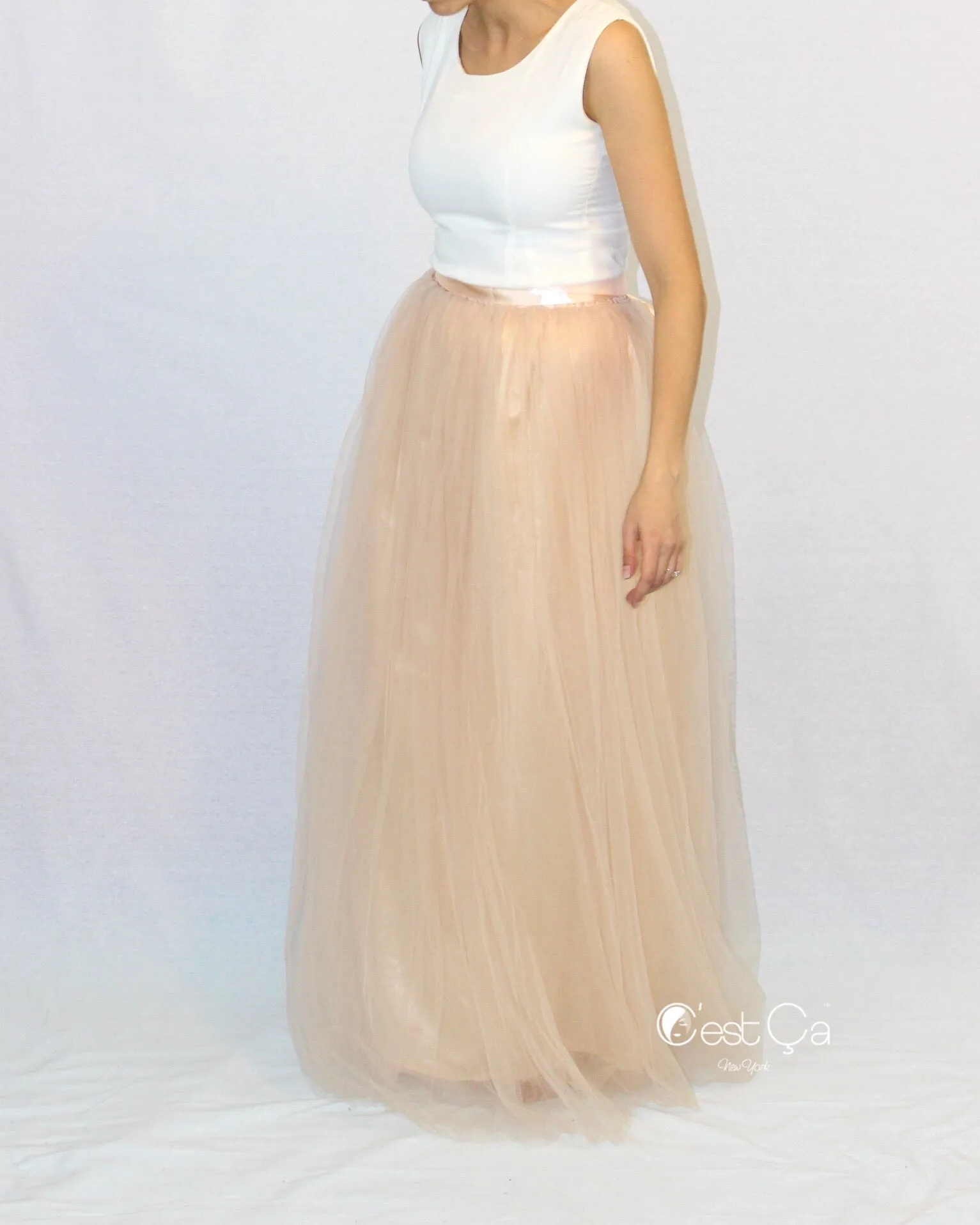 Claire Beige Soft Tulle Skirt - Maxi