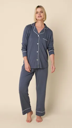 Classic Pima Knit Long-Sleeved Pajama - Steel Blue/Ivory