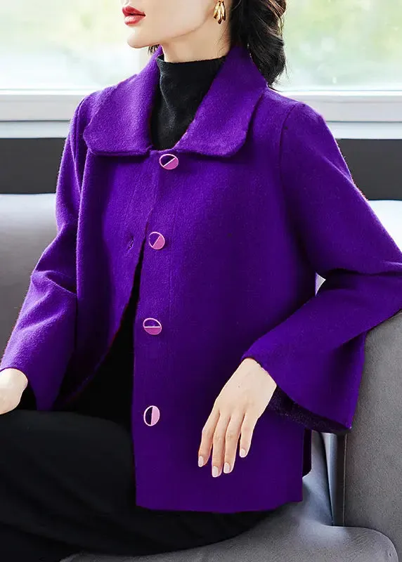 Classy Purple Peter Pan Collar Pockets  Woolen Coat Fall ML3317