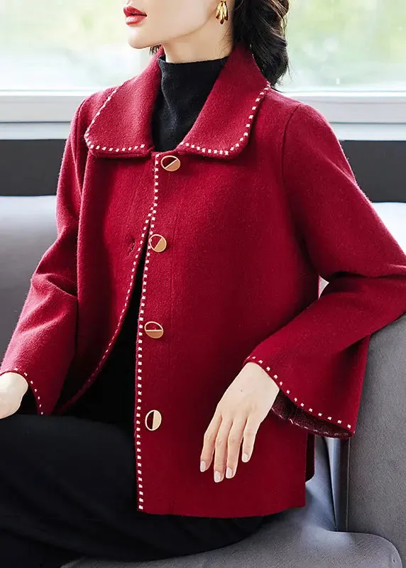 Classy Purple Peter Pan Collar Pockets  Woolen Coat Fall ML3317