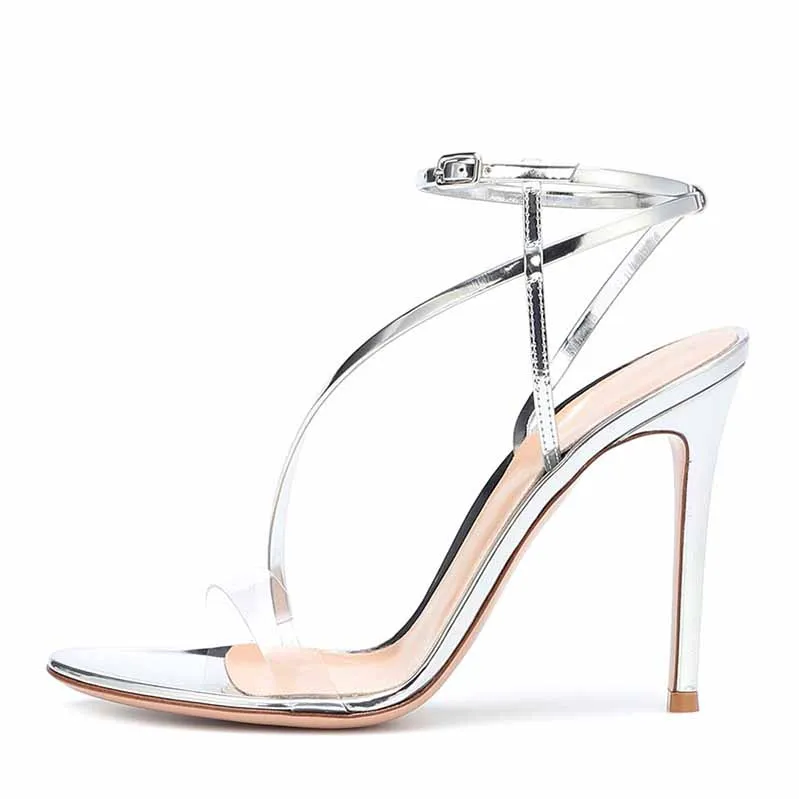 Clear Heels Sandals Silver Ankle Strap Sexy High Heeled Stiletto Dress Shoes