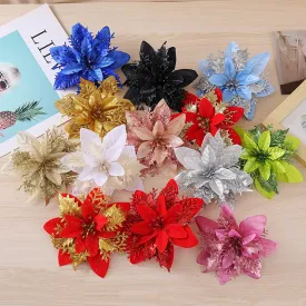 Clearance Bulk 14 Colors 6" Glitter Poinsettia Artificial Christmas Flowers Xmas Tree Ornaments Wholesale