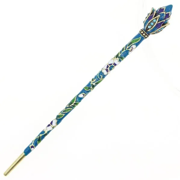 Cloisonne Enamel Blue Hair Stick Lotus Bud with Rhinestones