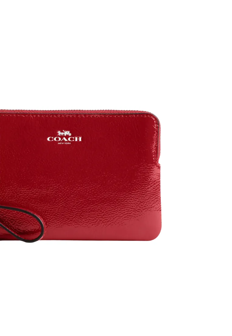 Coach Corner Zip Wristlet Patent Leather In Silver Red CW855