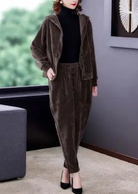 Coffee Patchwork Hooded Corduroy Coats And Harem Pants Two Pieces Set Fall ML0904