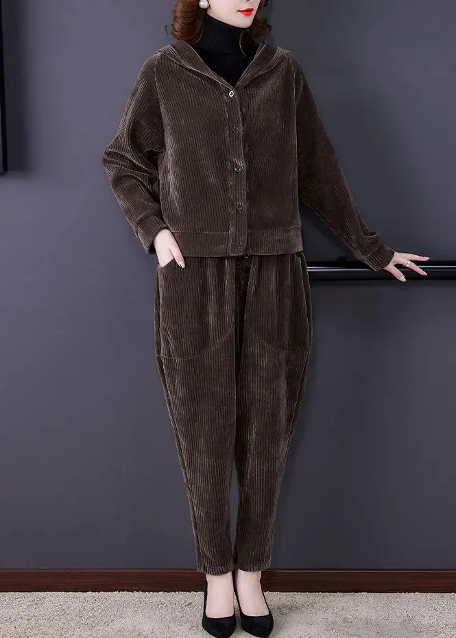 Coffee Patchwork Hooded Corduroy Coats And Harem Pants Two Pieces Set Fall ML0904