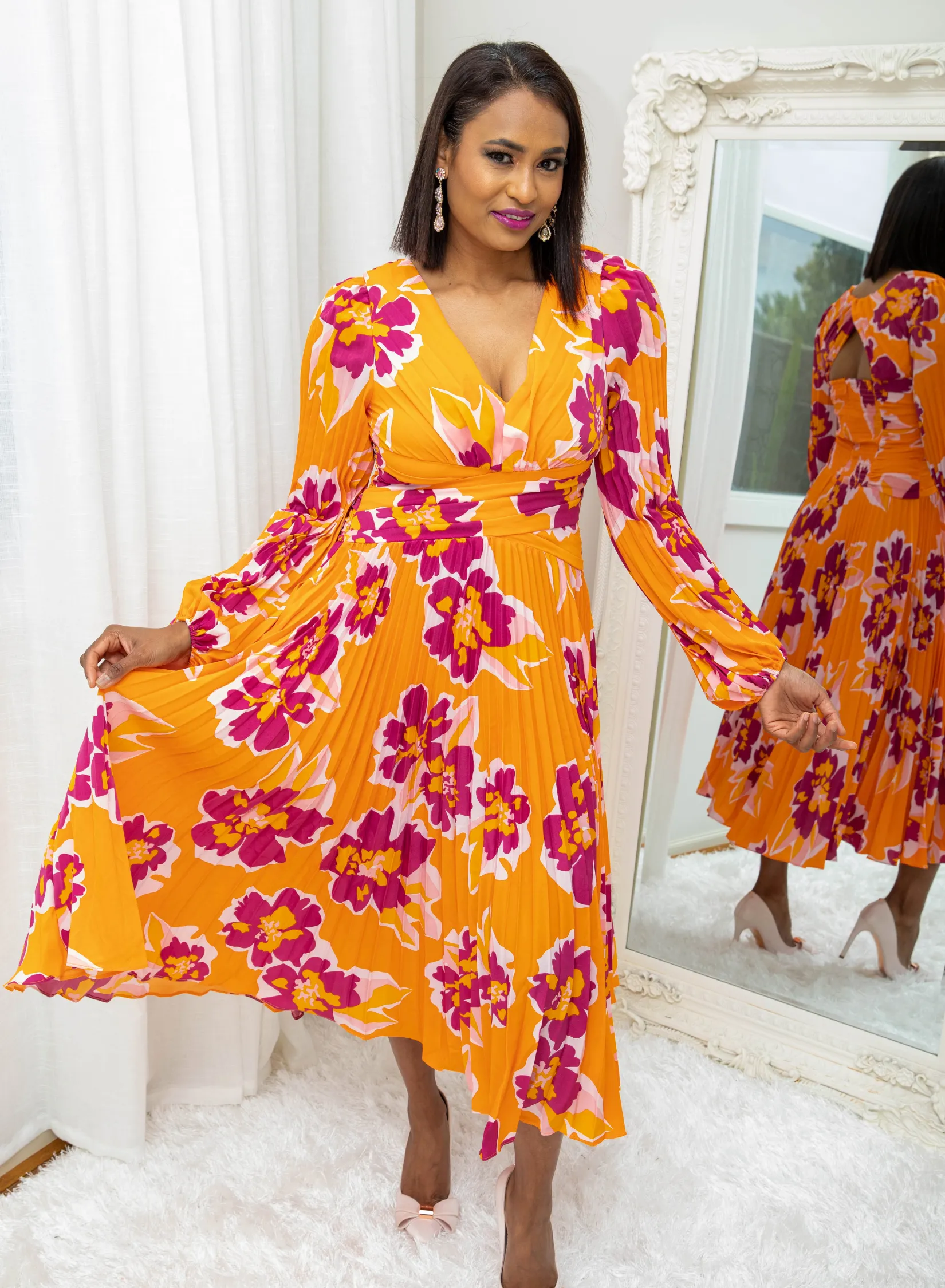 Coleen Orange Floral Pleated Midi Dress