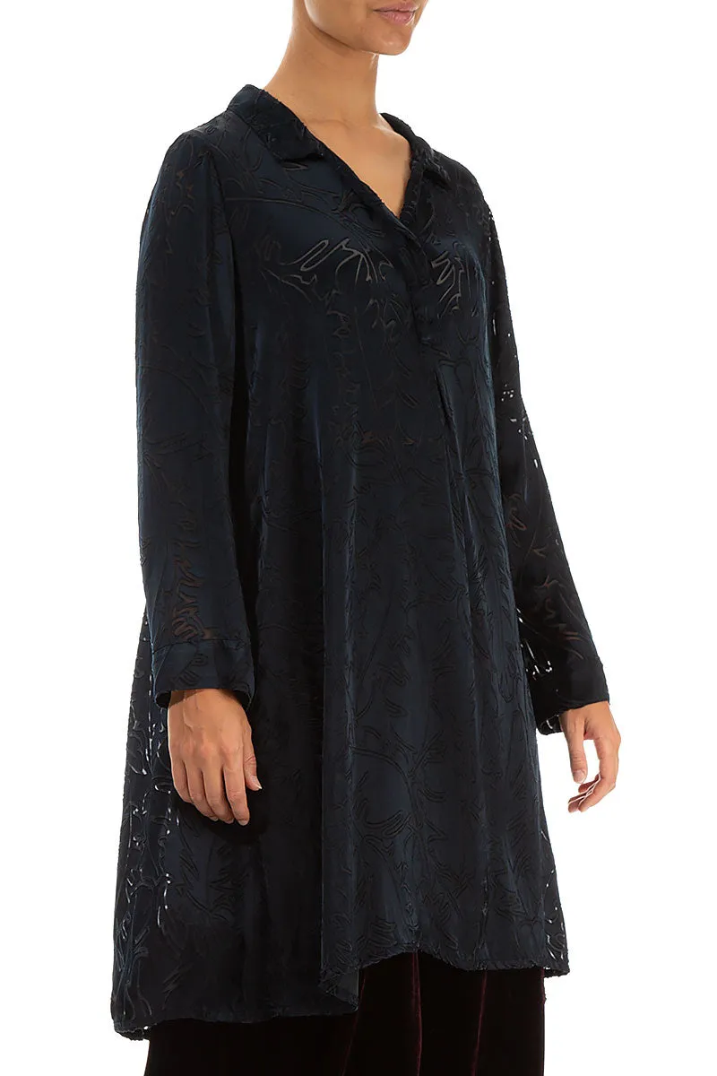 Collar Neck Midnight Blue Devoré Feather Silk Tunic