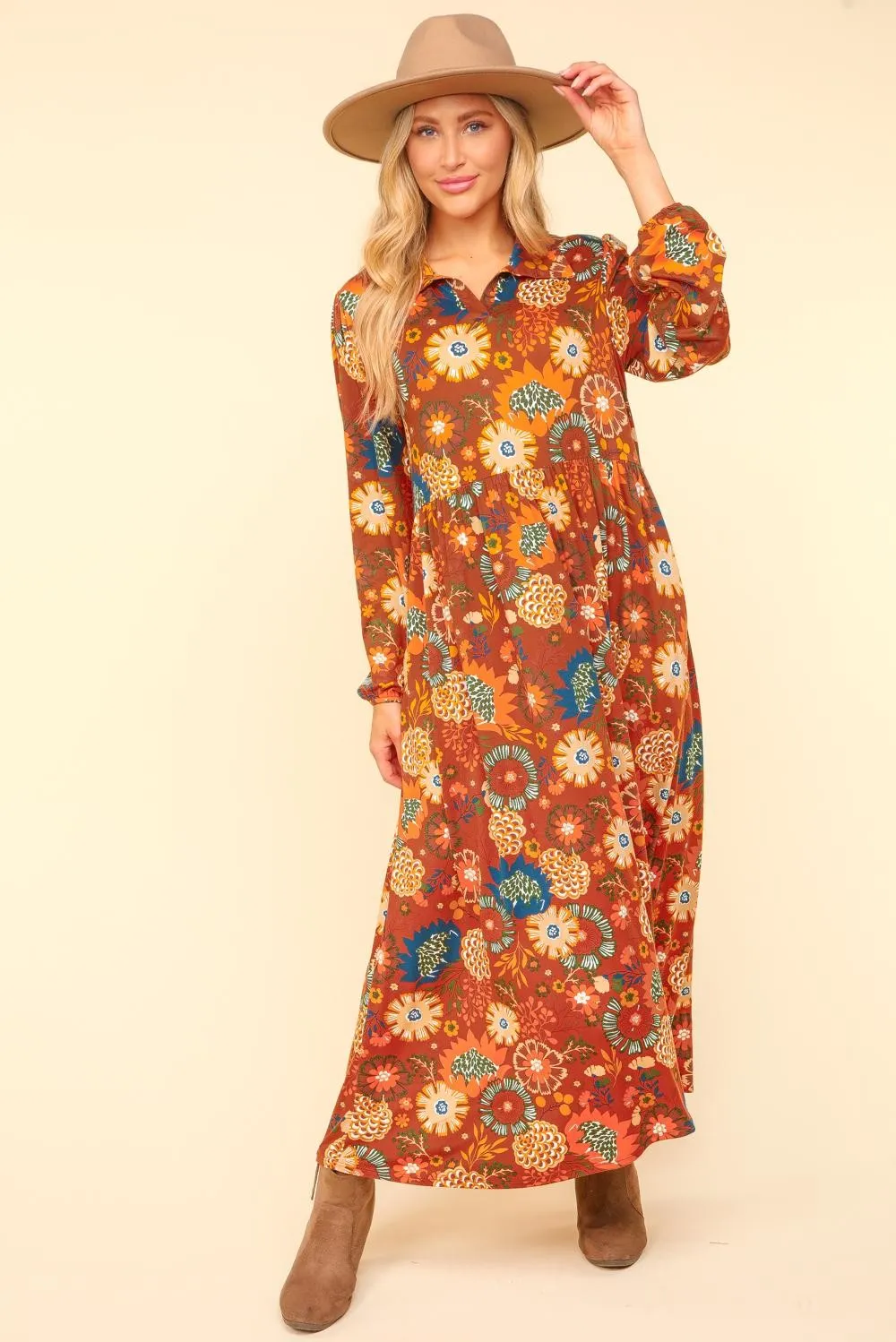 Collared Floral Maxi Dress - Rust