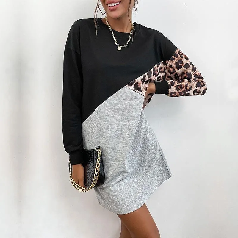 Color Block Leopard Sweater Dress