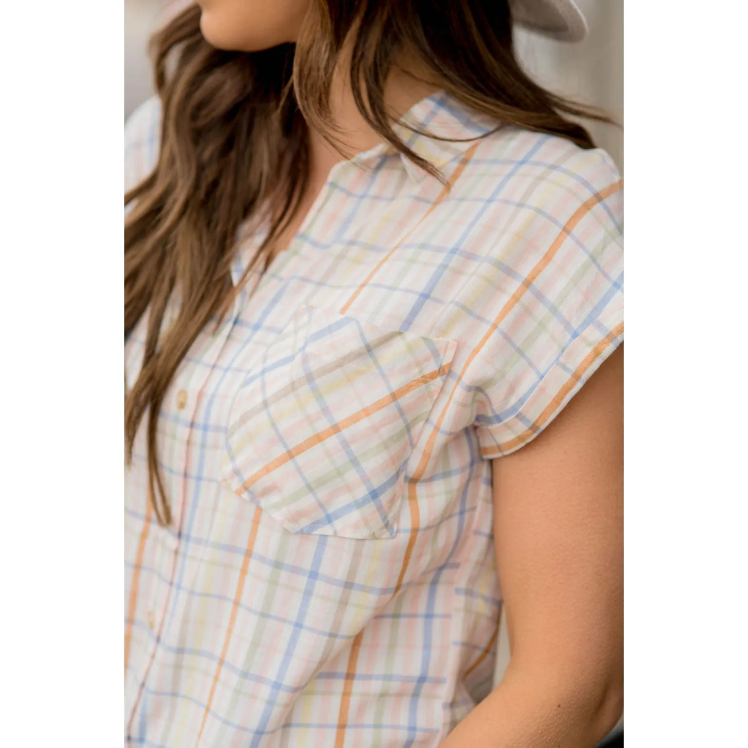 Color Plaid Short Sleeve Button Up