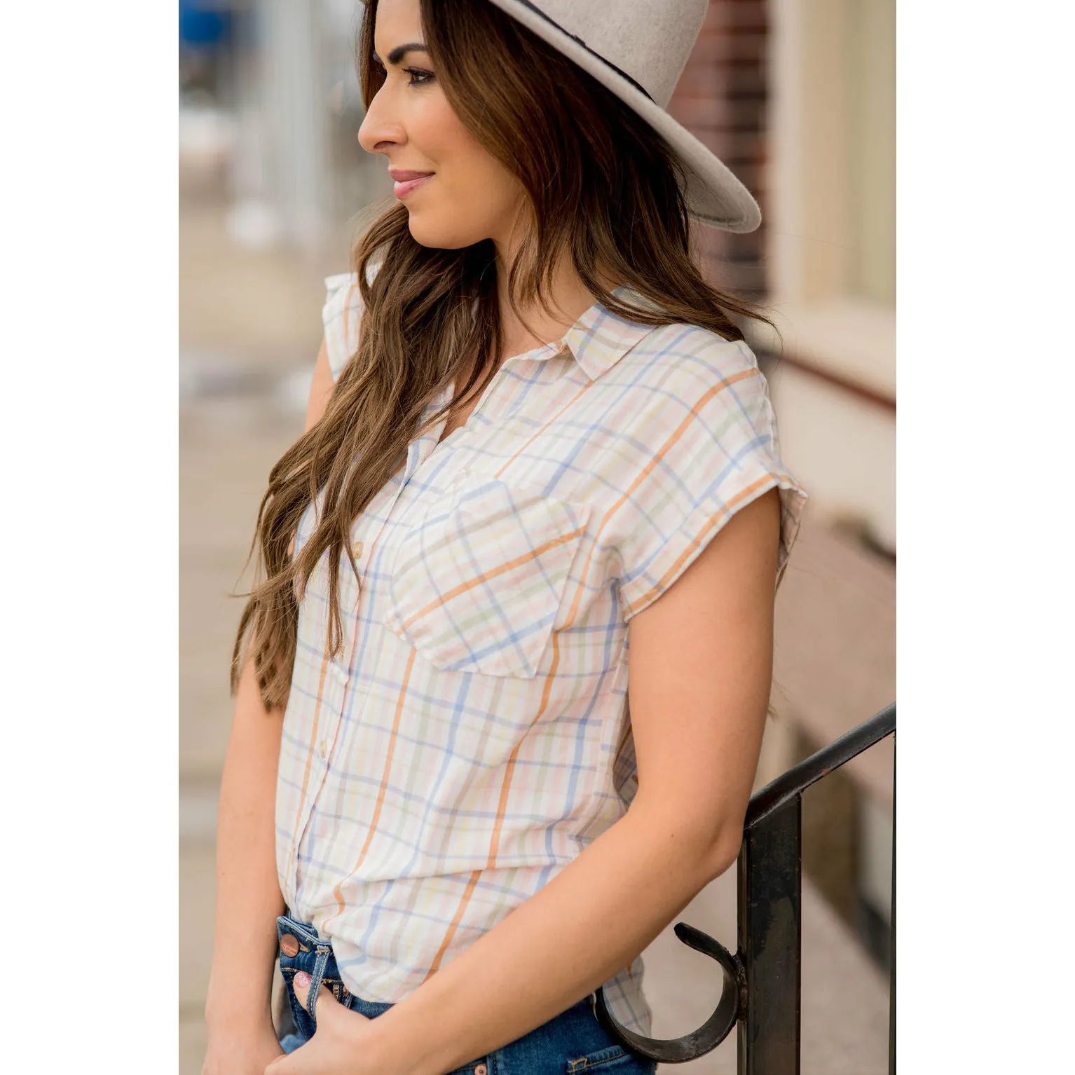 Color Plaid Short Sleeve Button Up