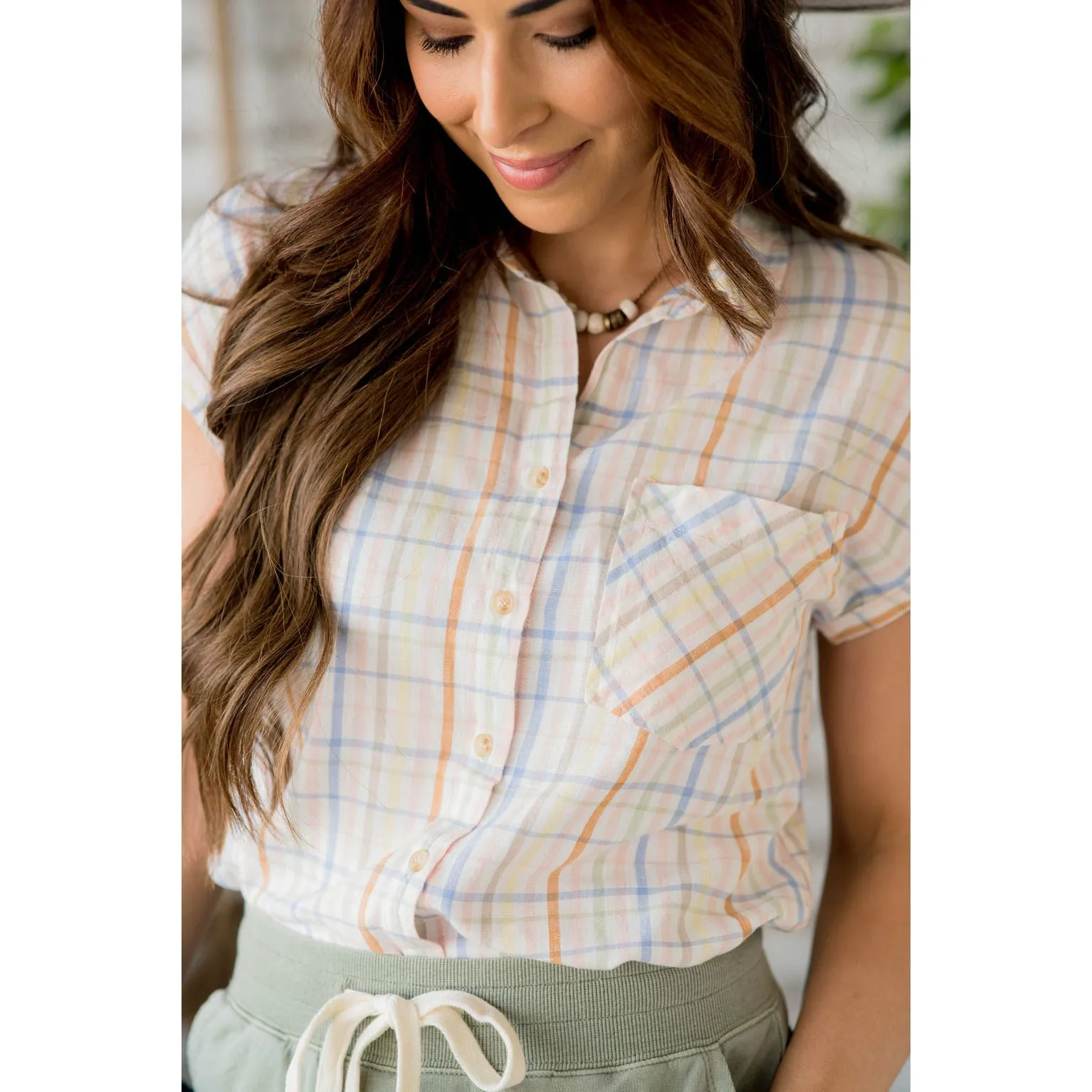 Color Plaid Short Sleeve Button Up