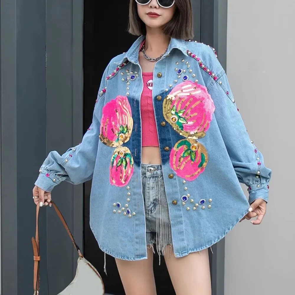 Colorblock Patchwork Diamond Casual Denim Blouses For Women Lapel Long Sleeve Spliced Single Breasted Blouse Female