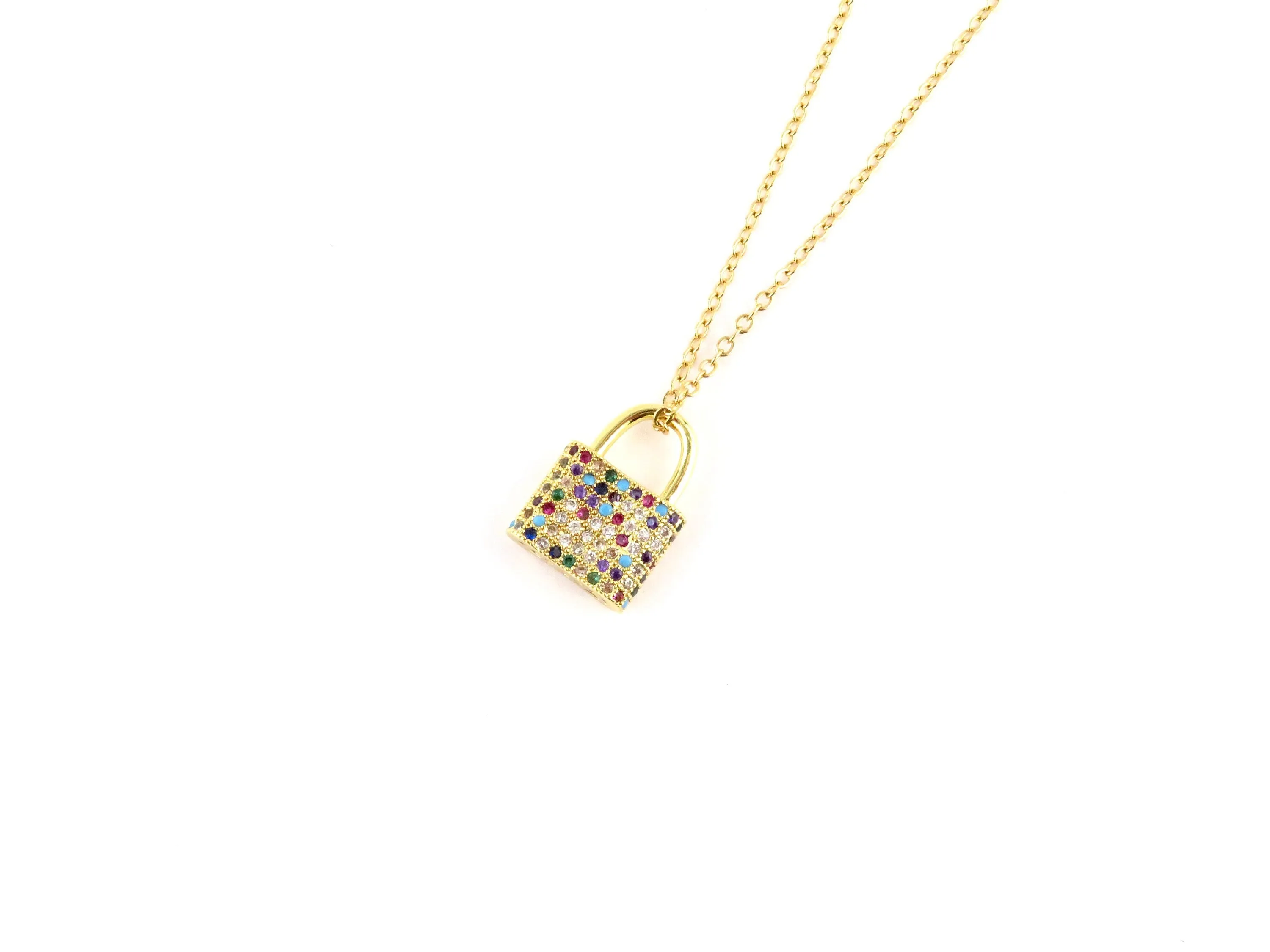 Colorful Sparkly Gold Padlock Necklace