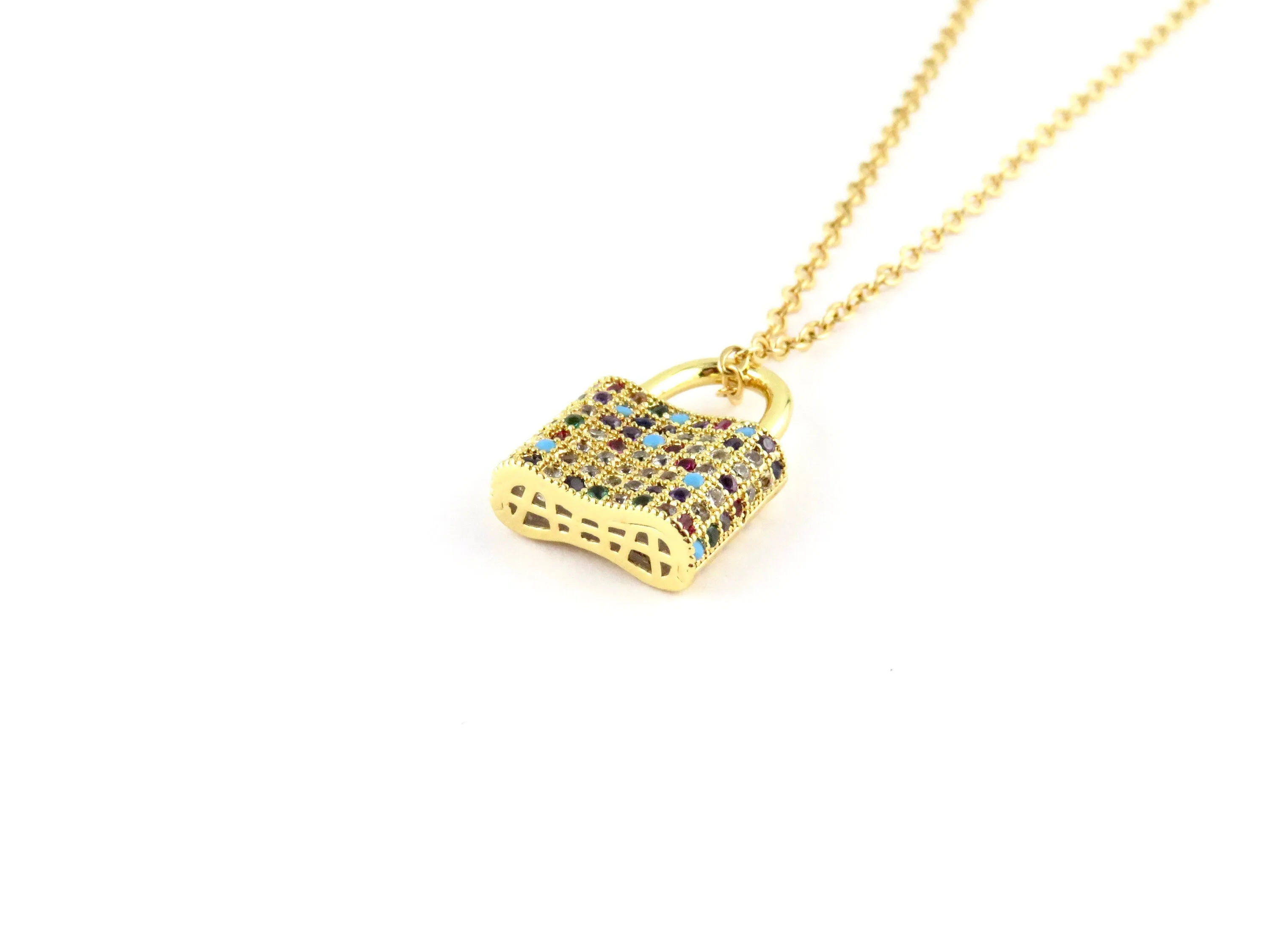 Colorful Sparkly Gold Padlock Necklace