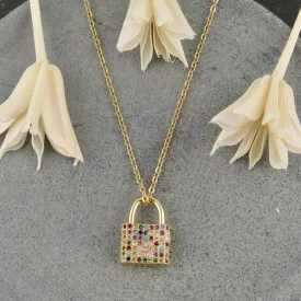 Colorful Sparkly Gold Padlock Necklace