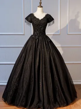 Come In All Styles And Colors Black Ball Gown Tulle V-neck Cap Sleeve Appliques Beading Quinceanera Dress