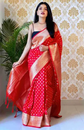 Confounding Red Soft Banarasi Silk Saree With Glowing Blouse Piece