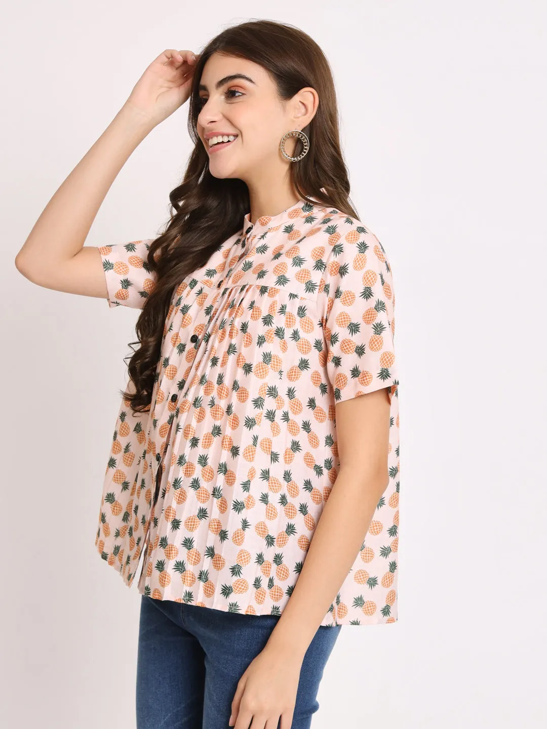 Conversational Printed Mandarin Collar Pleated Shirt Style Top