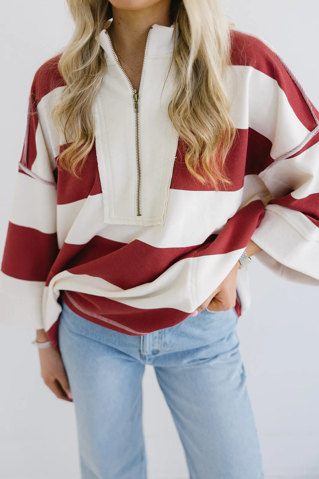 Cooler Weather Pullover Top - Cream/Burgundy