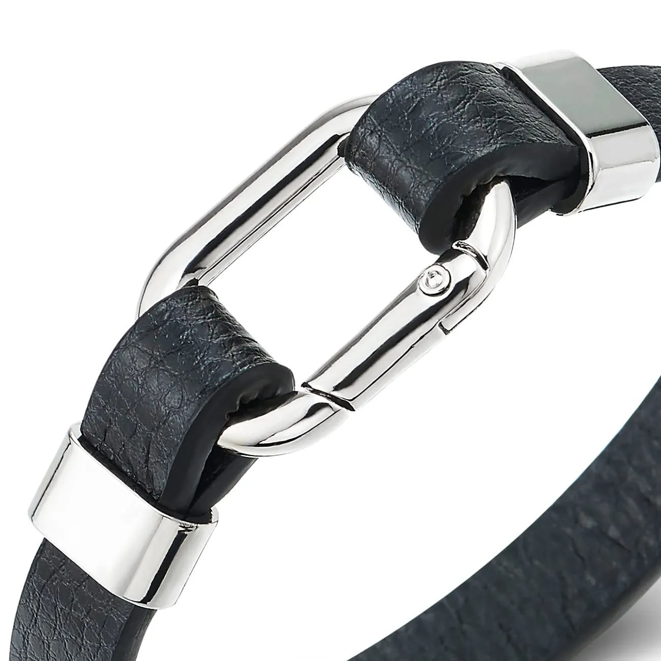 COOLSTEELANDBEYOND Square Oval Link Clasp Black Leather Bracelet Men Women, Bangle Wristband