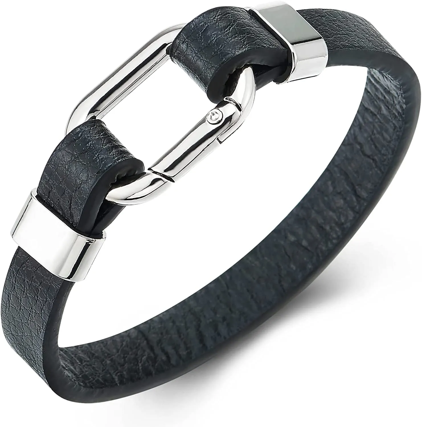 COOLSTEELANDBEYOND Square Oval Link Clasp Black Leather Bracelet Men Women, Bangle Wristband