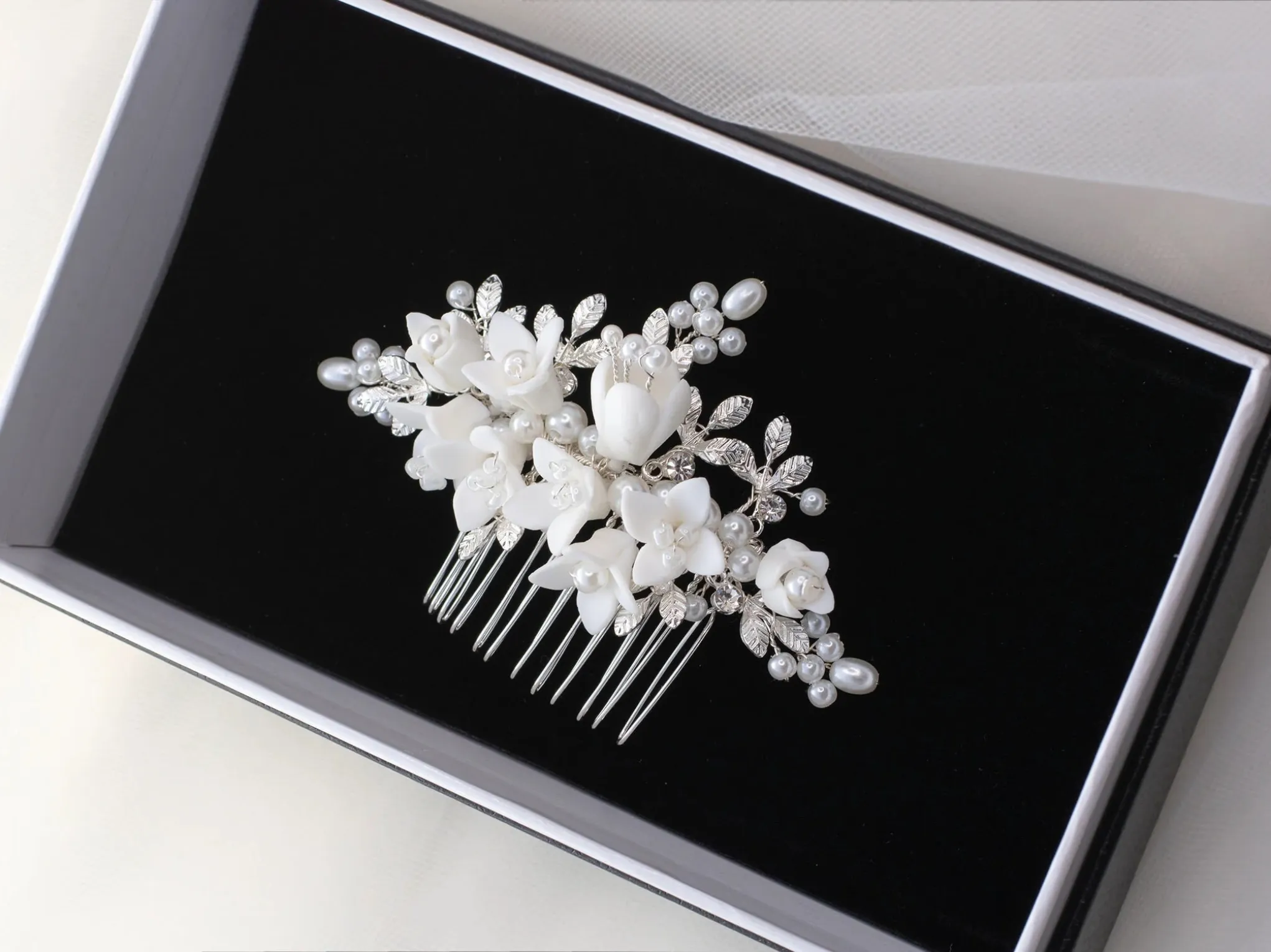 Cora - Porcelain Floral & Pearl Bridal Hair Comb