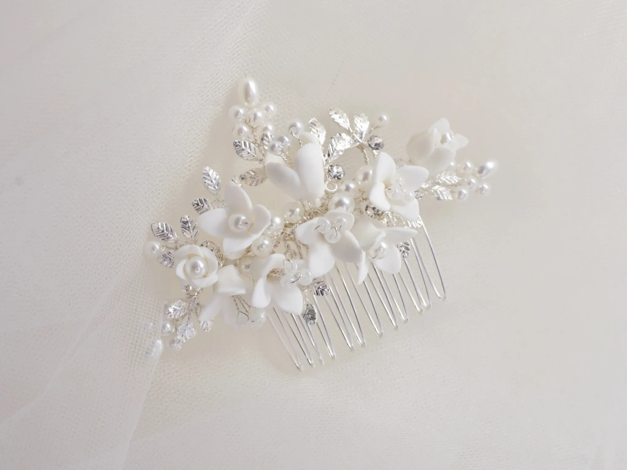 Cora - Porcelain Floral & Pearl Bridal Hair Comb