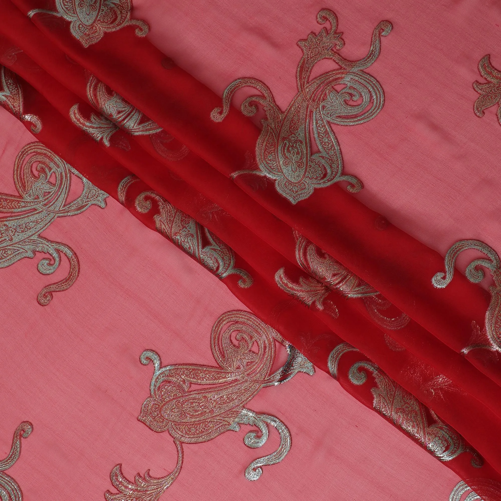 Coral Charm Silk Chiffon with Metallic Paisley, 140cm - South Korean Luxury Fabric-D17797