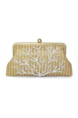 CORAL GOLD STRAW EMBELLISHED CLUTCH